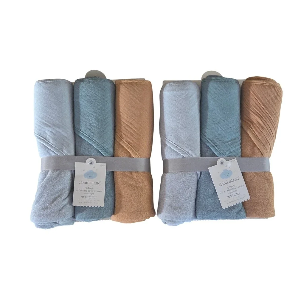 Cloud‎ Island 6 Pack Infant Hooded Towels Blue Mustard Yellow 30x30 NEW